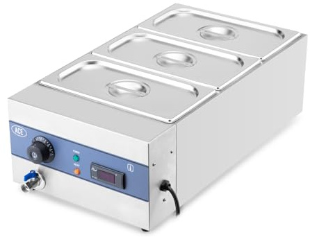 HAKKA 3 Pot Square Wet Bain Marie,Commercial Electric Food Warmer Stainless Steel Gastronom Wet Bain Marie Buffet,Soup,Kebab,Sauce and Many More,1500W/240V,CE Approved,Front Drain (34x62x19 cm)