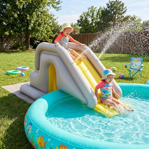 Scivolo Gonfiabile per Piscina, Scivolo per Piscina con Ampia Base Riempibile con Acqua - Facile Installazione e Conservazione in PVC per Interni/Esterni per Bambini e Adulti (cachi, con pompa a Peda