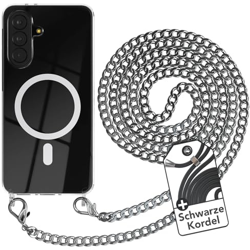 EAZY CASE - Handykette kompatibel mit Galaxy A37 Kette zum Umhängen Stoßfest Handyhülle für Galaxy A37 Silikon Hülle mit Band aus Metall Transparent als Fallschutz in Silber