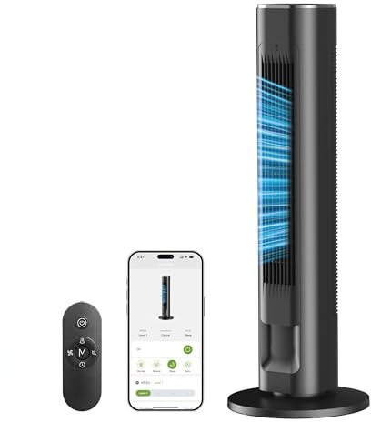 FLANUR Ventilator, 25dB Turmventilator Leise mit Kühlung, 91cm WiFi Alexa Tower Fan mit Fernbedienung, 90° oszillierender Standventilator, 4 Geschwindigkeiten 12Std Timer, Schwarz, 1 Pack + 4 Modi