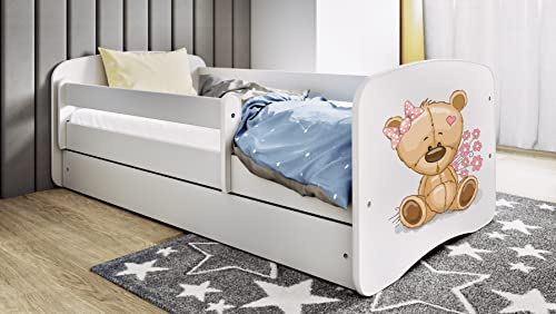 Bjird Kinderbett Jugendbett 70x140 80x160 80x180 cm Weiß mit Rausfallschutz Schublade und Lattenrost Kinderbetten für Mädchen und Junge - Teddybär mit Blumen 140 cm