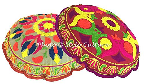 Stylo Culture Ethnisch Dekorativ Rund Bodensitzkissen 45 x 45 cm Klein Bodenkissenbezug Boho Traditionell Mehrfarbig Bohemien Sujani Bestickt Sofa Sitzkissen Baumwolle Blumen Rundkissen Hülle