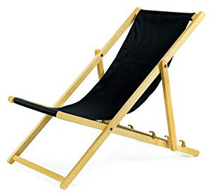BAS Liegestuhl klappbar aus Holz - schawrz Leichte Klappliege - Faltbare & verstellbare Sonnenliege für Garten, Strand & Balkon - Gartenliege mit Atmungsaktiv Stoffbezug - Mischgewebe