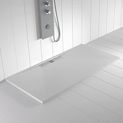 Shower Online Plato de ducha Resina WIDE - 70x100 - Textura Pizarra - Antideslizante - Todas las medidas disponibles - Incluye Rejilla Inox y Sifón - Blanco RAL 9003
