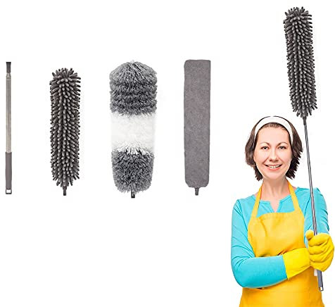 4 Stücke Staubwedel Teleskop Waschbar, Staubwischer Biegbar Mit Teleskopstange Staubbesen, Extra lang 250cm, Mikrofasern Staubwischer Staubbesen, Entfernt Mühelos Staub und Spinnweben