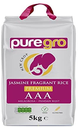 Puregro AAA Premium Jasmine Fragrant Rice 5kg | PACK OF 1 | NEW CROP | VEGAN | GLUTEN FREE | Premium Quality.