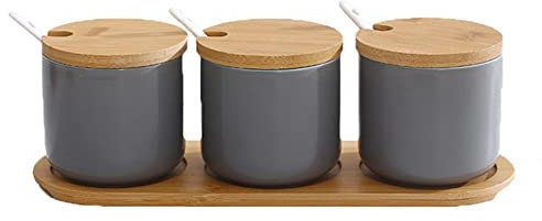OnePine Set di 3 Zuccheriera in Ceramica, 260ml Contenitore per spezie barattoli spezie Rotonda con Coperchio e Cucchiaio, Design Elegante, per Casa e Cucina