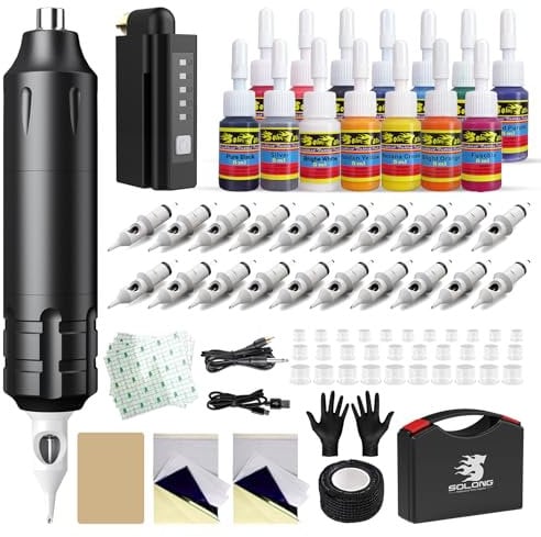 Solong Tattoo Maschine Set, Wireless Rotary Tattoo Gun Pen mit 20pcs Cartridge Nadeln 14 Tinten, Tätowiermaschine für Tattoo Anfänger und Künstler SLP1KIT02D-1