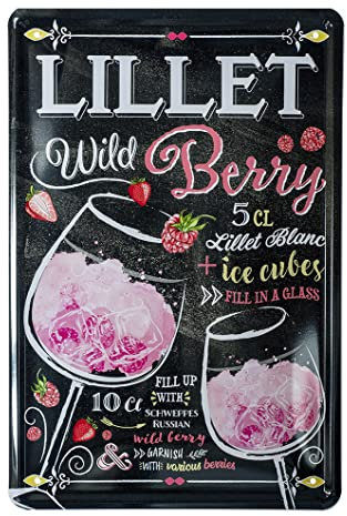 Lillet Wild Berry Cocktail Rezept Blechschild - Retro Deko Schild - Metallschild zur Dekoration von Küche Beach Bar Pub Kellerbar Lounge Kneipe - Anleitung zum Longdrink Mixen - 20x30cm