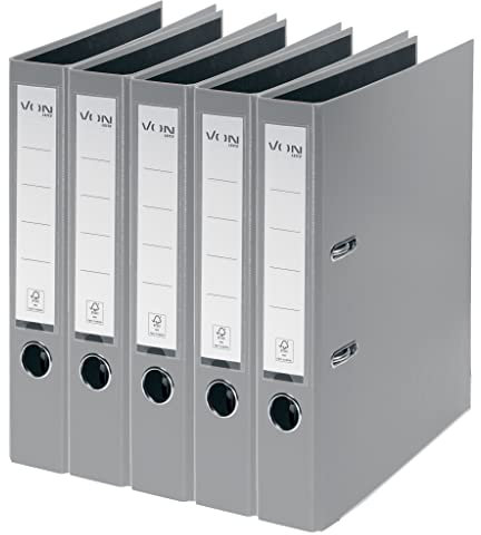 VON Leitz 5er Pack Ordner A4, Karton mit Kunststoffeinband, 50 mm Rückenbreite, Für 350 Blatt, FSC-zertifizierter Karton, Für Schule, Studium & Haushalt, Grau, 10561085