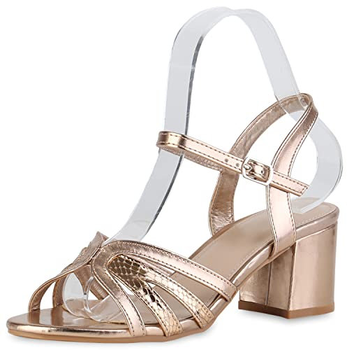 VAN HILL Damen Klassische Sandaletten Blockabsatz Schuhe Prints Sommersandaletten Elegante Mid Heels Leder-Optik Freizeitschuhe 212285 Rose Gold Snake 38