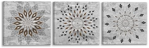 PIY PAINTING 3 pezzi Stampa su tela di un Motivi, Bohemien Dipinti su Tela, Stampe d'arte Bianco e nero, Stampe Decorative per Cucina Bagno Sala da pranzo Stanza dello yoga 30x30cm Con telaio in legno