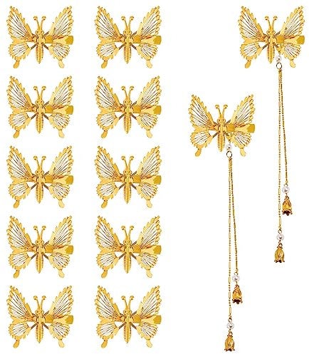 12 Stück Schmetterlings Quaste Haarspangen Schmetterling Haarnadeln Gold 3D Bewegliche Haarnadeln mit Abnehmbarer Goldene Schmetterlings-Haarspangen für Damen Mädchen (Gold, 12 Stück)