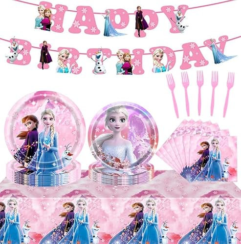 Frozen 2 Birthday Party Supplies,Pink Frozen Party Tableware Includes Happy Birthday Banner,Plates,Napkins,Tablecloth for Girls Birthday Party Decorat