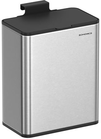 SONGMICS Cubo de Basura Colgante, Cubo de Basura Acero 8 L con Tapa para Residuos, para Colgar en la Puerta del Armario o la Pared con Ganchos, Debajo del Fregadero, Baños, Plata Metálico LTB810E08