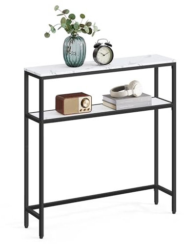 VASAGLE Konsolentisch, schmaler Sofatisch mit 2 Ablagen, 20 x 80 x 80 cm, Flurtisch, 2 Ebenen, für Flur, Wohnzimmer, Schlafzimmer, marmorweiß-tintenschwarz LNT130W59
