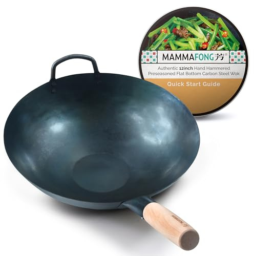 Mammafong Preseasoned Flat Bottom Carbon Steel Wok (12 inch Preseasoned Flat Bottom Pow Wok)
