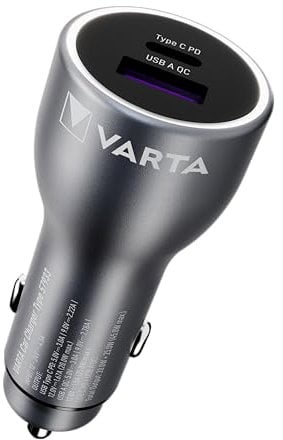 VARTA Ladegerät, Autoladegerät mit 2 Anschlüssen USB Typ C PD und USB A, Car Charger Dual USB, Kfz-Handyladegerät, Zigarettenanzünder Adapter
