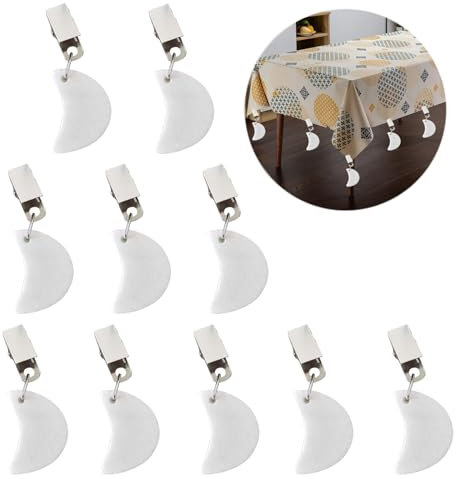 ZVO 10 Stück Tischdeckenbeschwerer, Tischdeckengewichte mit Clips Draußen, Tischdecken Beschwerer aus Naturstein mit Klammer für Tischplatten im Garten, Picknick,Party,Küche,Esszimmer(Mond)