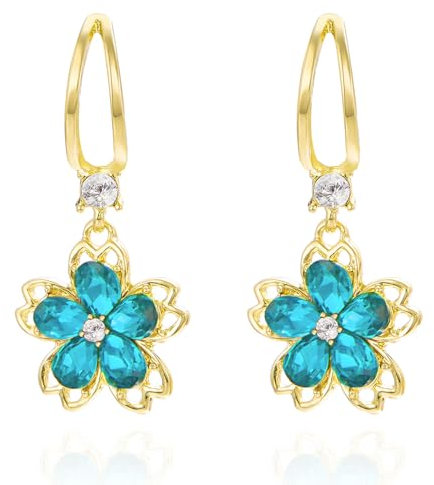 FDEETY Exquisite Ohrringe Gold mit Swarovski Kristallen Elegante Blumen-Design Creolen für Damen Perfekt für Festivals und besondere Anlässe(Blau)