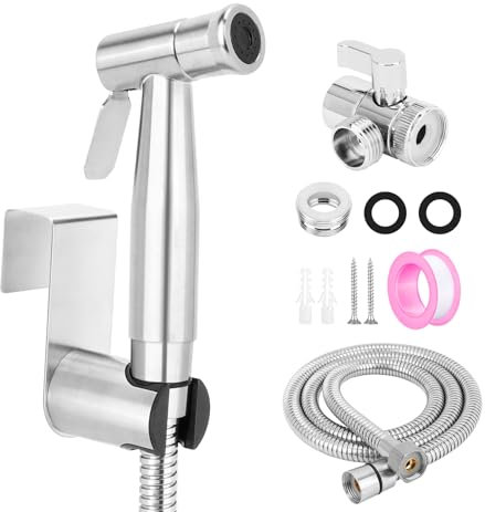 KOMCLUB Bidet Edelstahl Handbrause,ABS Chrom Baby Stoffwindelsprüh Kit mit Wasserhahnspender, Schlauch- und Hakentoilette oder Wandhalterung (Einstufiger Wassersprühmodus)