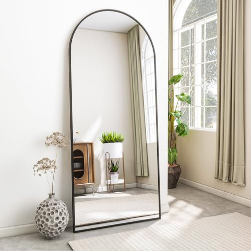 Koonmi Standspiegel mit gewölbtem Top, 171 x 76 cm Groß Bogenspiegel mit robustem Glas, an der Wand montierter Ganzkörperspiegel, Anlehnen oder Freie Platzierung mit Klammer, Schwarz