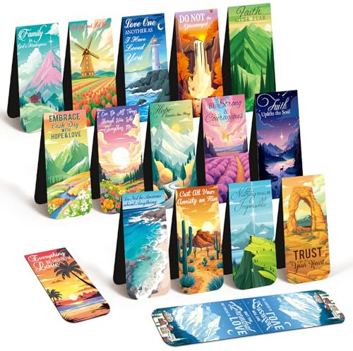 JSRQT 16 Stück Magnetische Lesezeichen Bibel, Größere Doppelseitige Landschaft Lesezeichen für Frauen Männer, Magnet Seitenclips Christliche Inspirierenden Bibel Bookmark für Buchliebhaber, 6×3 cm