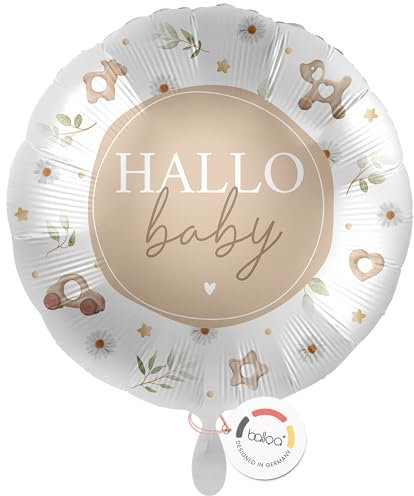 balloa Folienballon Hallo Baby, Helium Ballon zur Geburt, Geschenk zur Geburt und Babyparty, neutrale Babyshower Dekoration für Jungen und Mädchen, Luftballon rund 33cm