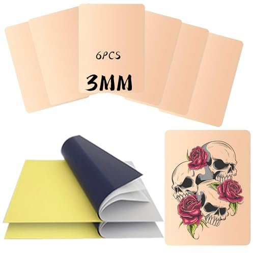 POSEIDON Kit d'entraînement au tatouage 3 mm – 6 faux peaux de 15 x 19,8 cm et 20 feuilles de papier transfert A4 (21,6 x 27,9 cm) | Feuilles d'entraînement réalistes en silicone et fournitures de