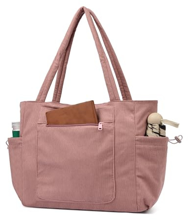 ibalulu Cord Tasche Damen, Groß Shopper Tasche, 15.6 Zoll Tote Bag Laptoptasche, Strandtasche mit Reißverschluss, Handtasche Arbeitstasche Umhängetasche Schultasche für Schule Gym Reisen
