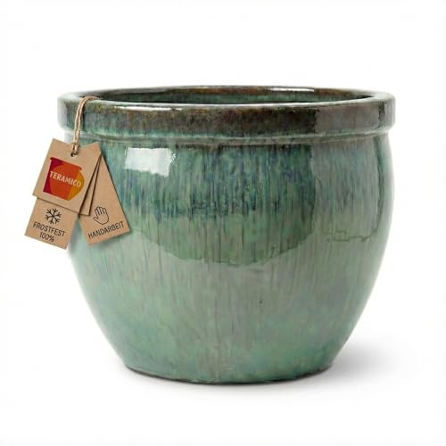 Teramico Pflanzgefäß Steinzeug handgefertigt | Frostsicherer Keramik Blumenkübel mit Abflussloch | Wetterbeständiger Übertopf Größen, ideal für Innen & Außen (21cm x 16cm, Grün)