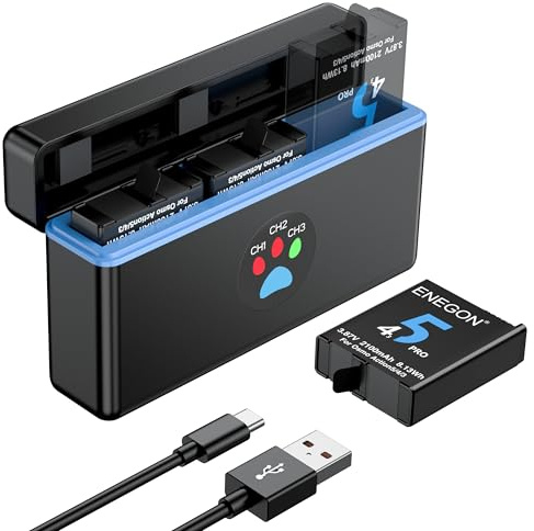 ENEGON Action 5 Pro - Kit caricabatterie (confezione da 3), batterie ricaricabili da 2100 mAh e hub caricabatterie rapido a 3 canali, compatibile con fotocamere DJI Action 5/4/3
