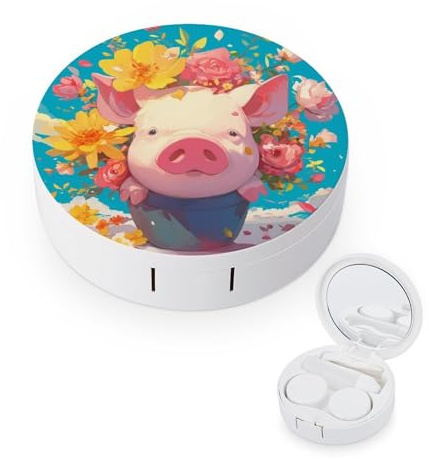 pmoyh Pig Yellow red Flower Contact Lens Case with Mirror Contact Lens Holder Box Container Soak Storage Kit 8x8cm
