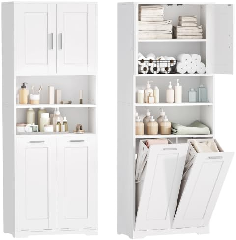 Mobile Alto da Bagno con 2 portabiancheria, Mobiletto Bagno Salvaspazio | Armadio Bagno con Spazio Aperto, Ripiani Regolabili, per bagno e lavanderia, 30 × 60 × 170 cm Bianco EXYYG022W
