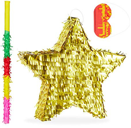 Relaxdays 3 TLG. Pinata Set Stern, mit Stock und Maske, Piñata für Kinder & Erwachsene, zum selbst Befüllen, Pinata Zubehör, Gold
