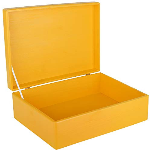 Creative Deco XL Yellow Plain Wooden Storage Box | 40 x 30 x 14 cm (+/-1 cm) | with Hinged Lid | Gift Box Storage | ROUGH & UNSANDED Wood Keepsake Memory Craft Chest