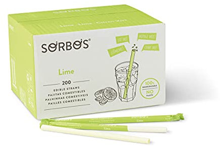 Sorbos - Pailles comestibles saveurs citron vert. Durable, emballé individuellement, sans allergène, sans gluten, 100% biodégradable (lot de 200)