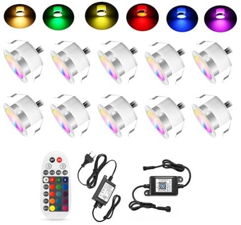 SUBOSI 10er Bluetooth RGB Led Bodeneinbaustrahle Aussen 0.6W Ø31mm IP67 Wasserdicht LED Einbaustrahler Terrasse Küche Garten Led LampeFull Kit