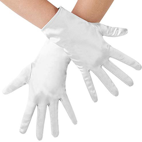 dressforfun 901016 Damen Satin Handschuhe, kurze Satinhandschuhe für Kostüm Fasching Karneval Halloween Hochzeit Fest Party Opera 1920er Accessoires, 23 cm - diverse Farben - (weiß | Nr. 303657)
