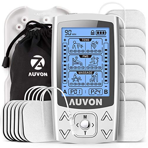 AUVON Dual Channel TENS EMS Machine for Pain Relief, 24 Modes TENS Unit Muscle Stimulator with 12pcs 2x2 TENS Electrode Pads