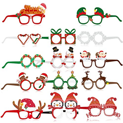 HOWAF 28 Pack Novelty Christmas Glasses Paper Glasses Photo Booth Props Table Decoration Christmas Costume Party Glasses Frame for Kids Adults Christmas Party Favors Gift
