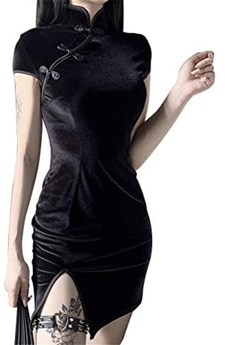 Vestido de mujer estilo chino tradicional retro sexy de terciopelo manga corta mini Split Cheongsam Qipao para mujer