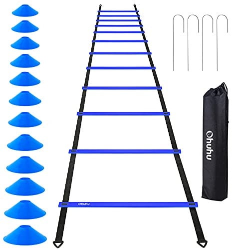 Ohuhu Agility Ladder Training Set - 12 Rung Speed Ladder with 12 Field Cones and 4 Stakes, Footwork Equipment for Soccer Football Drills (Blue)