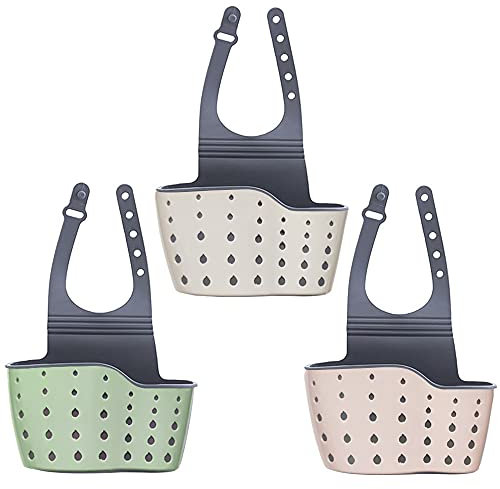 Prmape 3 Pcs Kitchen Sink Sponge Holder, Portable Sink Shelf, Hanging Strainer Organizer Storage Bag with Adjustable Strap and Drain Holes for Dryin