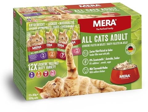 mera Cats Adult Nassfutter Multibox, für ausgewachsene Katzen, getreidefrei und nachhaltig, Katzenfutter mit hohem Fleischanteil aus Huhn, Rind, Ente und Lachs, 12 x 85 g