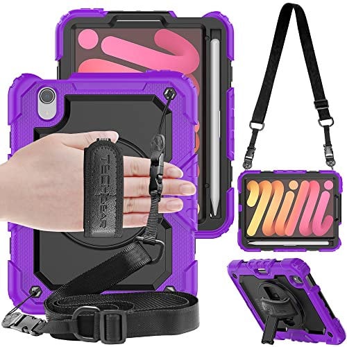 TECHGEAR Utility Funda Compatible con iPad Mini 6 2021 - Funda Protectora Prueba de Choques Resistente Carcasa con Soporte Giratorio de 360 Grados y Correa de Hombro - Púrpura