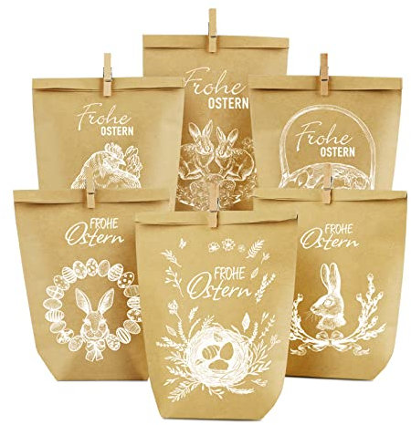 KOHMUI 12 Geschenktüten Ostern, DIY Osterhasen Tüten zum Befüllen und Verzieren, Papiertüten zum selber Befüllen, Weiß Bedruckte Ostertüten zu Ostern Party