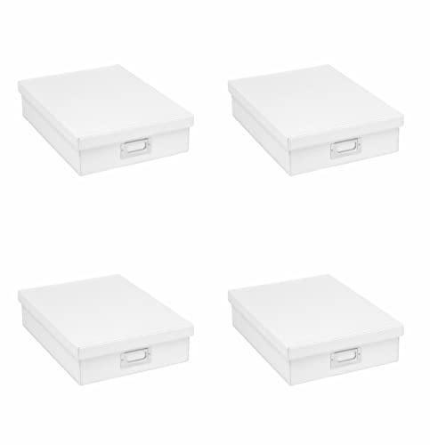Osco Faux Leather A4 Document Storage Box with Lid, 4 Pack, Stackable Desk Paperwork Organiser for Files and Envelopes, Durable Filing Solution for Home or Office, 8.5×25×33.5 cm, White