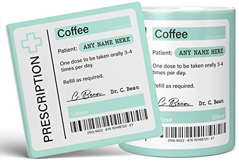 Mug Monster - Prescription for Coffee Mug, Personalised Leaving Gift for Colleague - Ceramic Coffee Cup, Gift Men or Women, Extra Large and Giant Available, 20oz White & Coaster