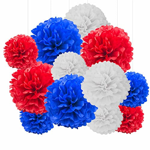 GAKA FAVOR 12er Seidenpapier Pompons Set,Weiß marineblau un Rot Tissue Hängedekoration Papier Pompoms Deko für Hochzeit,Taufe,Geburtstag,Kommunion,Nationalfeiertag Party Deko